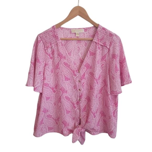 Michael Kors Pink Top Tie Waist Paisley Print Blouse Flutter Sleeves Feminine - Picture 1 of 8